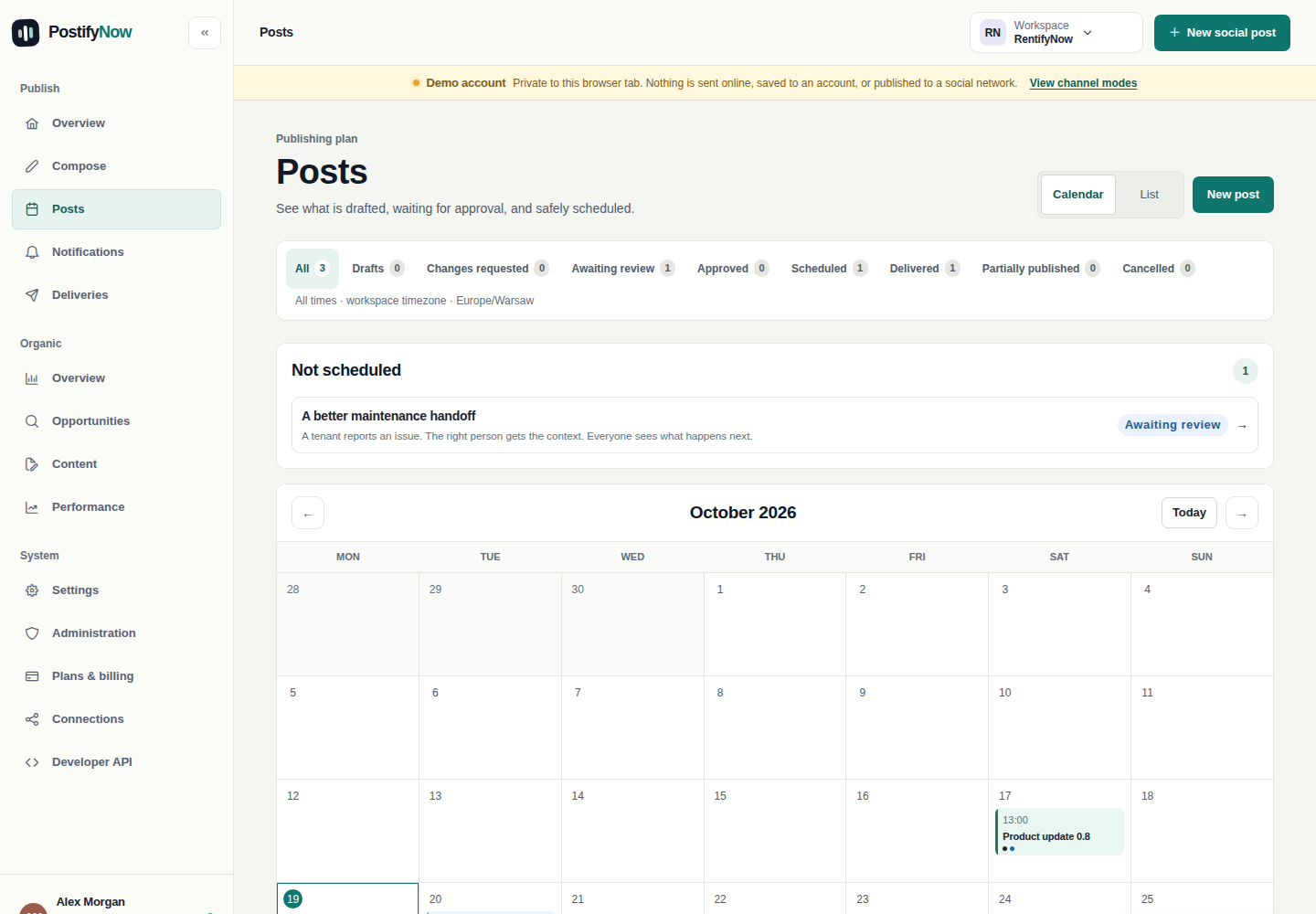 PostifyNow sample calendar showing draft, review and scheduled posts